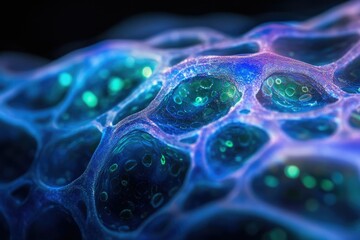 Fototapete - Microscopic view of a vibrant, interconnected cellular network glowing with bioluminescence.