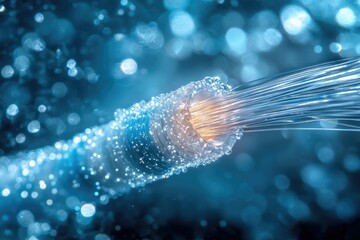 Poster - Close-up of fiber optic cable with light streaming out, representing high-speed data transmission.
