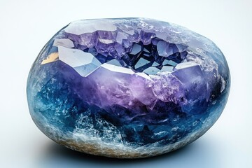 Poster - A mesmerizing geode, showcasing vibrant purple and blue amethyst crystals within a smooth, rounded exterior.