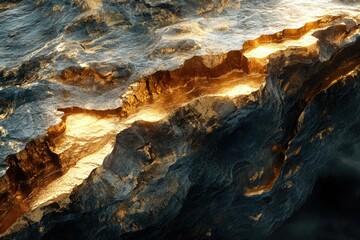 Poster - A dramatic digital rendering of a dark rock formation with a glowing gold vein running through its center.