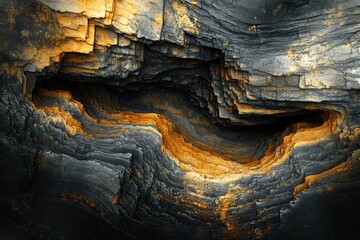 Fototapete - Abstract digital art depicting a layered, cavernous landscape in shades of gray and gold.