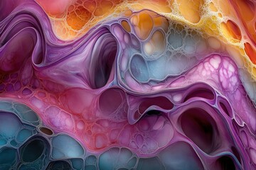 Aufkleber - Abstract fluid art showcasing vibrant swirls and organic shapes in purple, pink, teal, and orange hues.