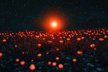 Poster - Glowing red flowers illuminate a dark field under a vibrant red sunset and starry night sky.