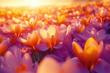 Aufkleber - A field of vibrant crocus flowers bathed in the golden light of sunrise, a breathtaking spring scene.