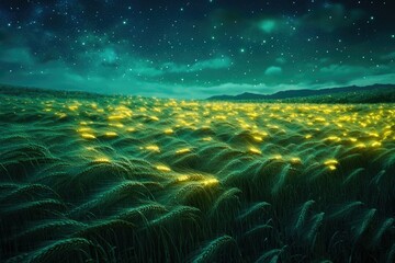 Poster - Glowing wheat field under a starry night sky, magical and serene.