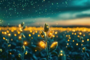 Poster - Glowing flowers in a field at night, magical scene with bokeh effect and starry sky.