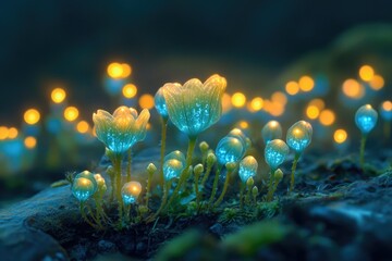 Poster - glowing bioluminescent flowers illuminate a dark, mystical forest scene.