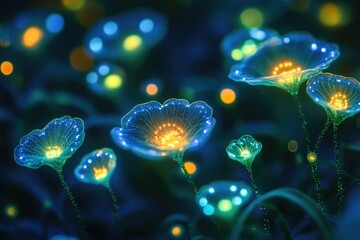 Fototapete - Glowing, bioluminescent flowers illuminate a dark, mystical night scene.