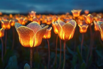 Poster - Glowing tulips illuminate a field at dusk, creating a magical and serene scene.