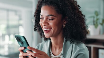 Poster - Business, smile and woman in office, smartphone and accounting company with communication. Person, employee and financial consultant with cellphone, laughing and message to contact, email and texting