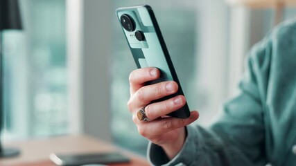 Aufkleber - Business, hands and man in office, smartphone and digital app for economy news. Person, closeup and financial consultant in workplace, cellphone or message to contact, texting or connection for email