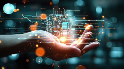 Poster - Businessman's hand holds digital technology in a blurred urban background, illustrating innovation and progress in a modern workspace setting at night