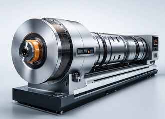Poster - Hyper-realistic high-quality image of industrial metal lathe machine on a white background, showcasing precision engineering and modern technology design