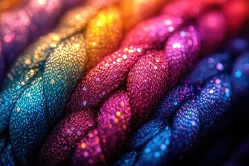 Aufkleber - Close-up of vibrant, glittering braided cords in rainbow hues.