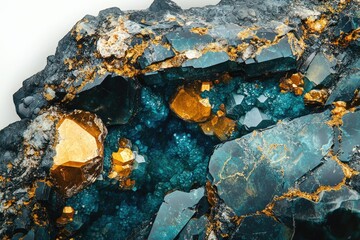 Poster - Stunning teal and gold crystals embedded in dark rock, showcasing intricate textures and vibrant colors.