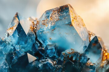 Poster - Close-up of a stunning blue fluorite crystal cluster with golden inclusions, showcasing its intricate facets and vibrant color.
