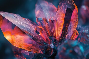 Poster - A cluster of vibrant, translucent crystals with orange and purple hues, showcasing intricate formations and textures.