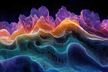 Aufkleber - Abstract landscape of vibrant, iridescent waves and peaks, resembling a colorful, ethereal underwater world or alien planet.
