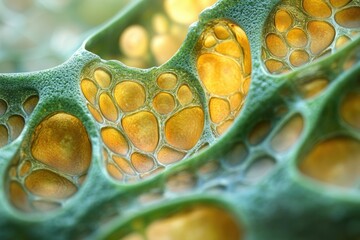 Poster - Microscopic view of interconnected, golden-yellow vesicles within a green, porous matrix.