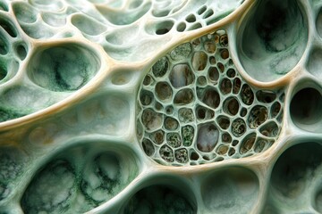 Poster - Abstract 3D render of a porous, organic structure resembling bone or coral, with interconnected cavities and a teal-beige color scheme.