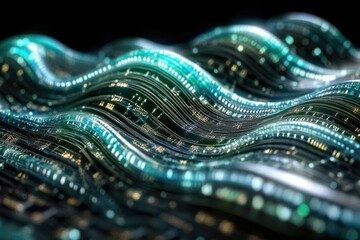 Aufkleber - Abstract wavy digital data stream, glowing teal and gold, representing technological flow and connectivity.