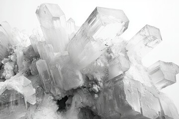 Poster - A stunning cluster of large, transparent crystals, exhibiting sharp, prismatic forms against a white background.