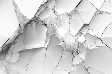 Aufkleber - Shattered white surface, fragmented geometric shapes, monochrome texture, abstract design.