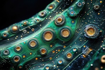 Aufkleber - Close-up of a circuit board, showcasing intricate patterns and gold-plated components.  A mesmerizing technological texture.
