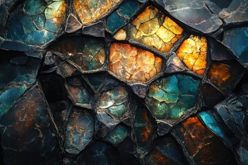 Poster - Intricate mosaic of dark, teal, and gold stones, creating a visually stunning, textured pattern.