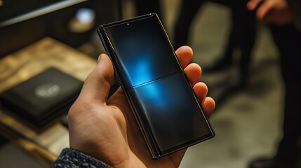 Poster - Modern Folded Smartphone in Hand Blue Light Technology Device Closeup Premium Quality Mobile Phone Display Screen New Mobile Gadget Elegant Design    
