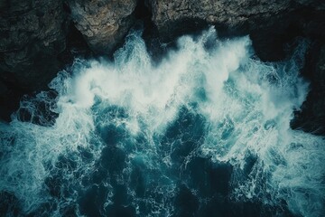 Aufkleber - Aerial view of powerful ocean waves crashing against dark rocks, creating a dramatic scene.