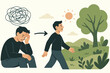 © Rosie - Man finding mental solace and stress relief walking in nature, transforming anxiety into clarity. Vector illustration showing outdoor therapy, positive mental health journey, and well-being boost.