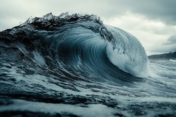 Aufkleber - A powerful, curling ocean wave displays its mesmerizing turquoise depths under a dramatic sky.