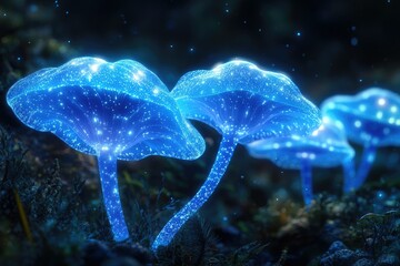 Poster - Glowing blue mushrooms illuminate a dark forest scene, creating a magical, fantasy-like atmosphere.