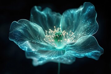 Poster - Glowing teal flower with intricate details, ethereal and translucent petals.