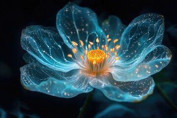 Poster - A luminous, ethereal flower glows with vibrant teal and gold, its delicate petals radiating an otherworldly luminescence.