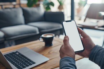 Latin indian adult student holding using mock up of cell mobile smartphone with empty blank white screen for advertising. Over shoulder closeup view.