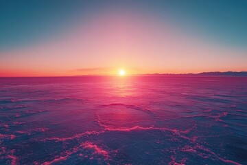 Aufkleber - A breathtaking sunset over a vast expanse of pink-hued salt flats, casting a magical glow.