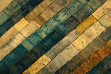 Leinwandbilder - Diagonal pattern of weathered bricks in muted yellow, teal, and brown tones.