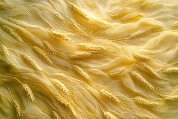 Poster - Golden wheat stalks delicately arranged on a flowing, pale yellow fabric.