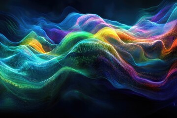 Poster - Abstract colorful digital waves flowing, vibrant particle landscape, dynamic digital art.