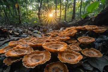Poster - Sunlit cluster of orange mushrooms thriving on forest floor at sunrise.