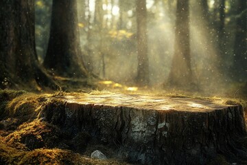 Poster - Sunlit forest scene with a moss-covered tree stump, offering a magical, tranquil ambiance.