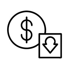 Poster - Dollar coin with downward arrow icon representing financial loss decrease investment reduction cost