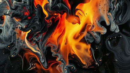 Poster - Abstract flames swirl and dance across a liquid canvas, creating vibrant patterns of orange and black in a mesmerizing display of energy and motion