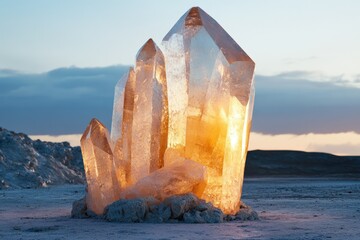 Poster - Giant quartz crystals glowing at sunset in a desolate landscape.
