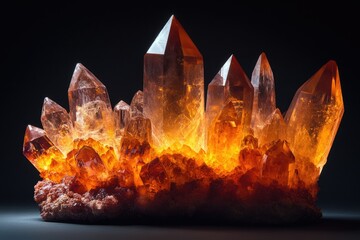 Aufkleber - A stunning cluster of luminous orange quartz crystals, illuminated from within, resembles a fiery, crystalline cityscape.