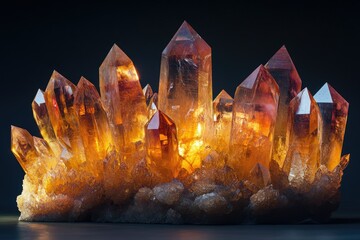Poster - A mesmerizing cluster of luminous, amber-hued quartz crystals, glowing with inner light.
