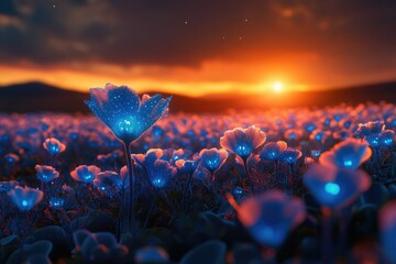 Poster - Glowing blue flowers illuminate a field at sunset, creating a magical, dreamlike scene.