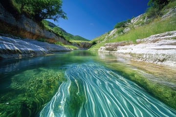 Poster - Crystal-clear river flows through a serene canyon, sunlight illuminating the water's surface and riverbed.